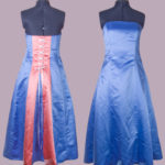 Full length party dress. Shows front and back. Contrast panel with laced design on the back.